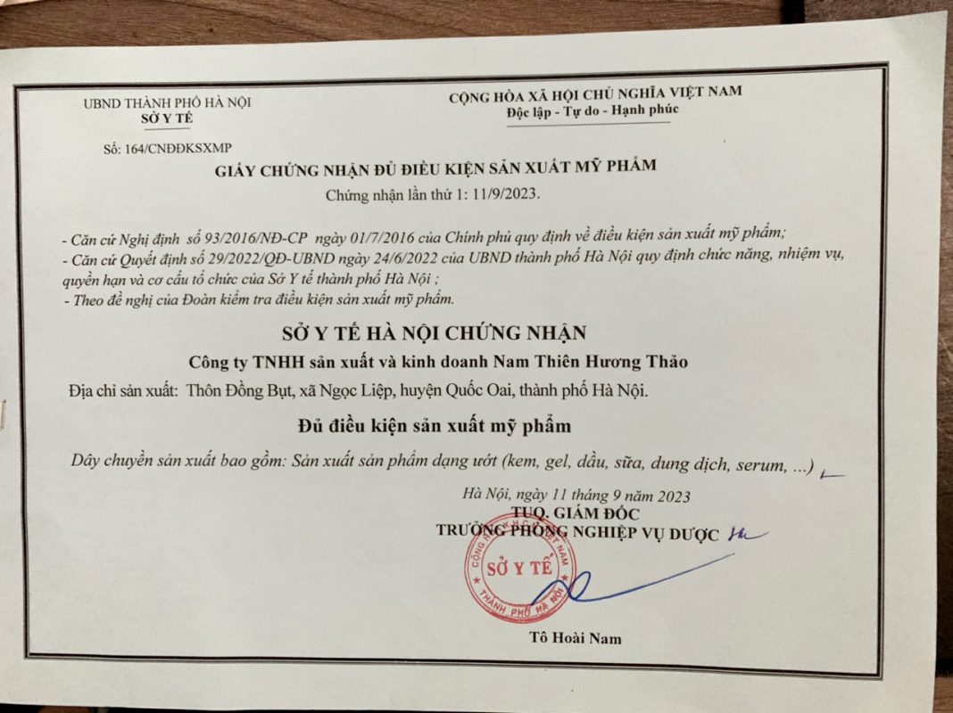 Chứng nhận điều kiện sản xuất Nam Thiên Hương Thảo